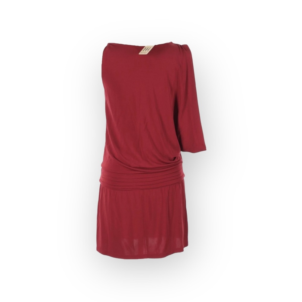 new Haute Hippie ᯾ Asymmetrical Shoulders Deep V Mini Dress ᯾ Scarlet Red ᯾ - Picture 10 of 16